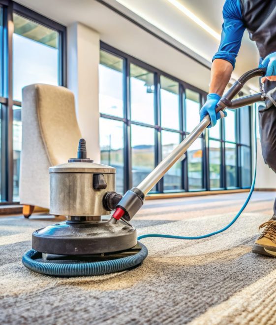 Professional-grade cleaning equipment and solutions are used to deeply sanitize and restore a dirty, high-traffic commercial carpet to its original vibrant state of cleanliness. Professional-grade cleaning equipment and solutions are used to deeply sanitize and restore a dirty, high-traffic commercial carpet to its original vibrant state of cleanliness.